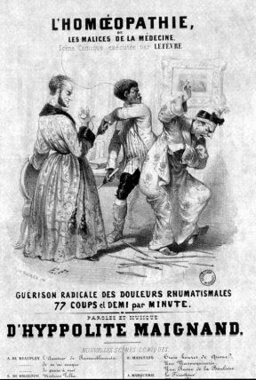1995.18.234 estampe L'Homéopathie ou les malices de la médecine. Scène comique éxécutée par Lefevre. Guérison radicales des douleurs rhumatismales 77 coups et demi par minute.