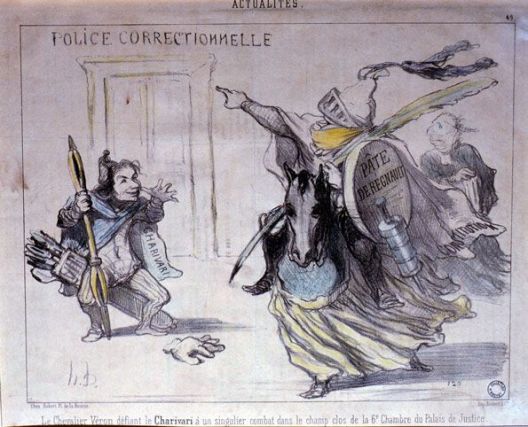 1967 1.1515 estampe Le Chevalier Véron défiant le Charivari à un singulier combat dans le champ clos de la 6e Chambre du Palais de Justice.
